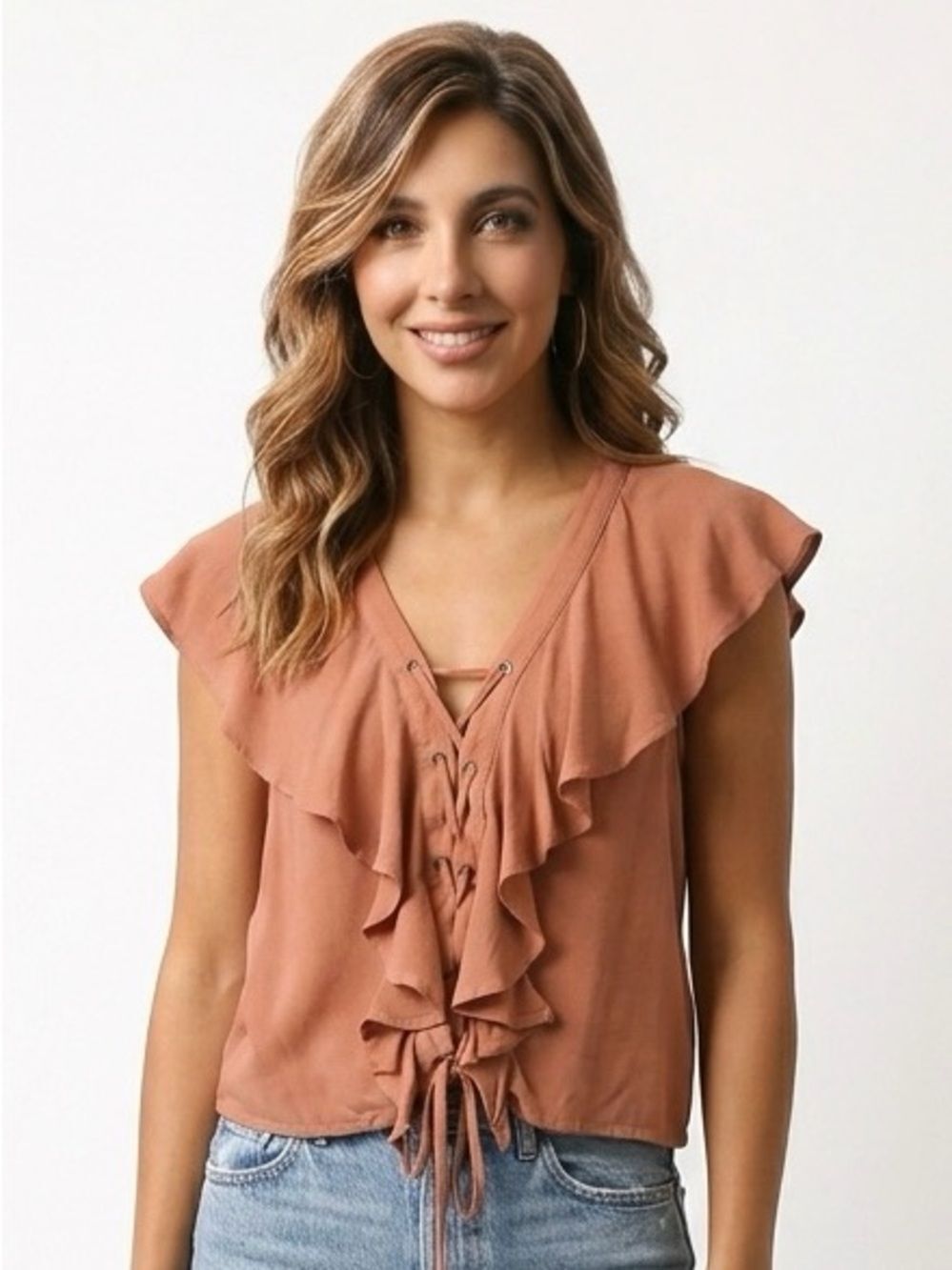 AMERICAN RAG | Burnt Orange Lace Up Top Ruffle NEW Women’s Size Medium